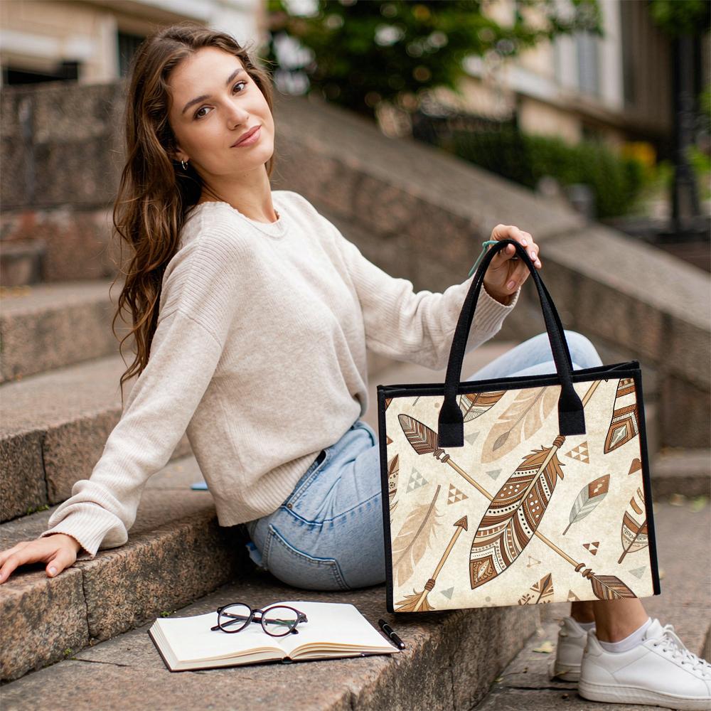 Boho Feather Arrow Print Tote Bag Ladies Large Capacity Daily Casual Shoulder Handbag for Shopping Travel