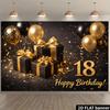 Sfondo per festa di compleanno a tema nero e oro per diciottenne, tessuto con numeri dorati scintillanti 18 e Buon Compleanno