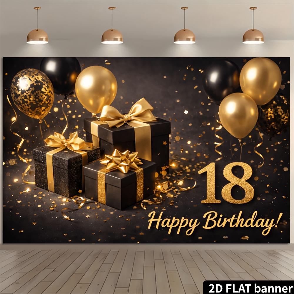 Sfondo per festa di compleanno a tema nero e oro per diciottenne, tessuto con numeri dorati scintillanti 18 e Buon Compleanno