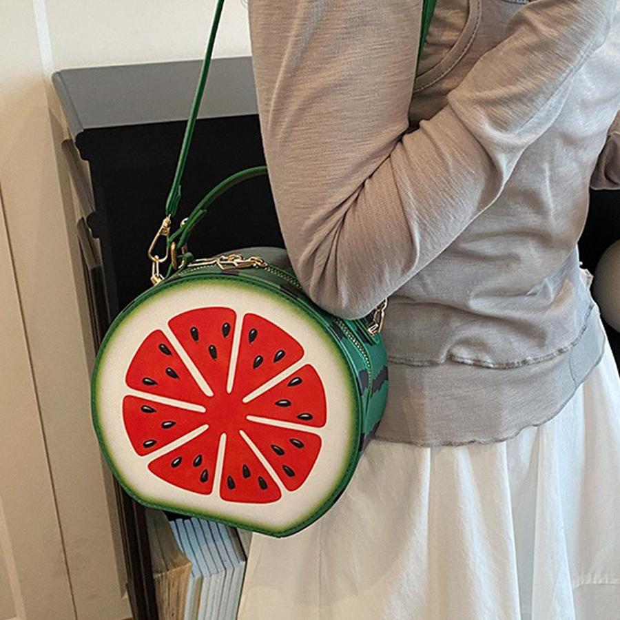 Kreative Frucht-Design Umhängetaschen für Damen Handys Sommer Lustige Wassermelonenförmige Runde Kleine Umhängetasche Leder Handtasche