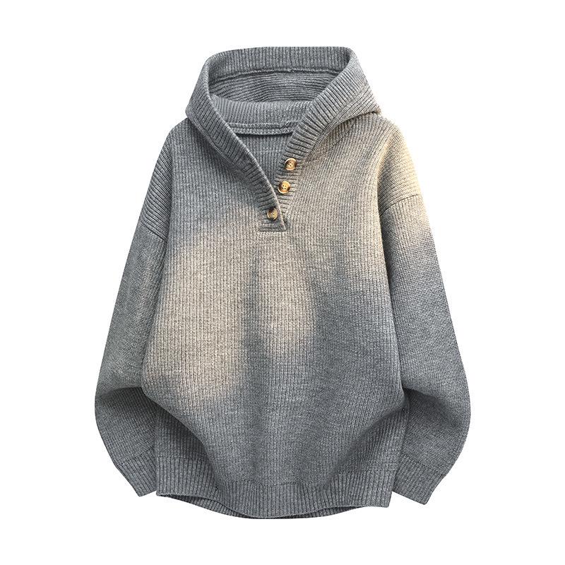 Men s Dark Grey Button-Up Hooded Sweater - Winter Cleanfit, Loose, Thick Knitwear Large