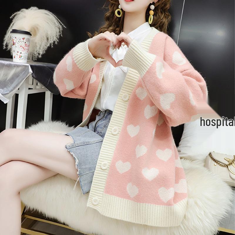 Autumn 2025 V-neck Love Jacquard Knit Cardigan - Long Sleeve Sweater for Women