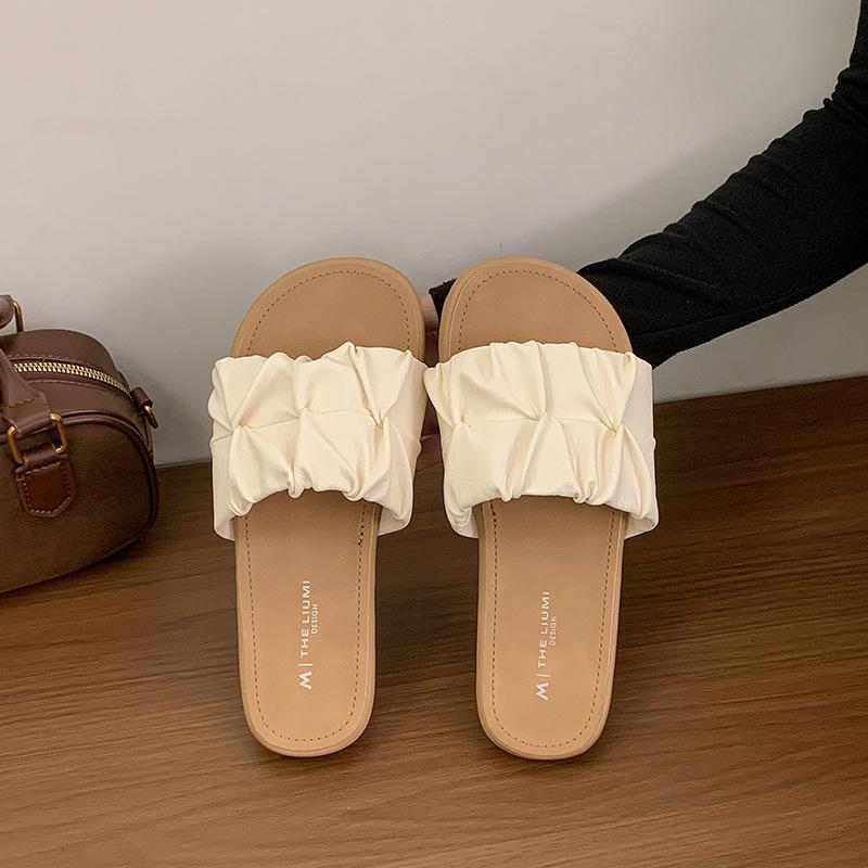 

Модная верхняя одежда плиссированные крутые тапочки женские 2025 лето новая плоская подошва с открытым носком большого размера один размер пляжная обувь 40