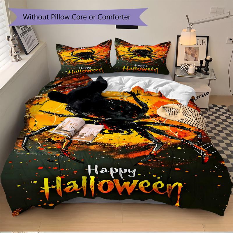 3pcs Halloween Spider Bedding Set, Includes Without Pillow Inserts, Soft Comfortable Bedding Set,All-Season Use a0924034
