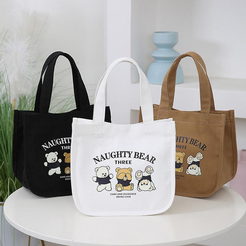 Cartoon Cute Printed Pattern Canvas Handbag Office Worker Lunch Bag Tote Bag Picnic Drink Bag Portable Outdoor Food Bags