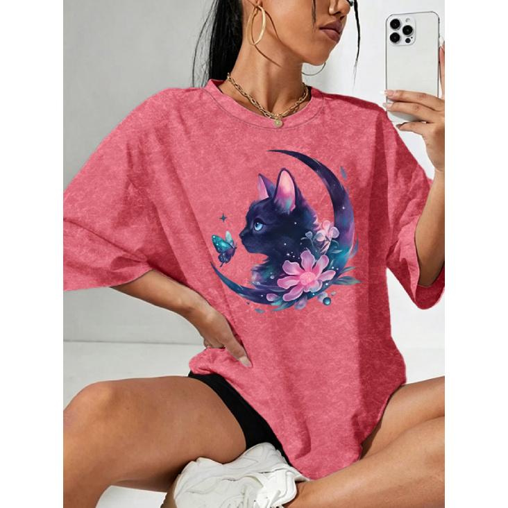 Women s Snowflake Print Short Sleeve Shirt T Shirt Dreamy Purple Moon Cat Print Round Neck Casual Elegant Vintage Style Skin-Friendly Soft Breathable S арбуз красный