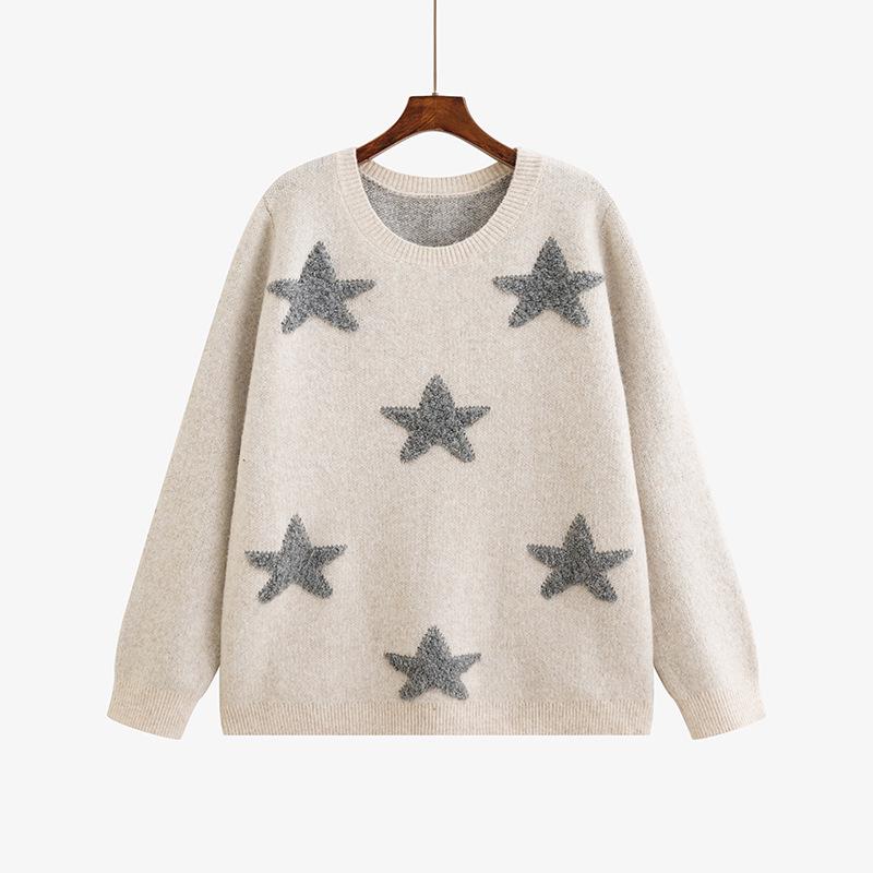 Plus Size Women's Star Embroidered Color Block Sweater - Winter 2025, Loose Knitwear for Chubby Girls