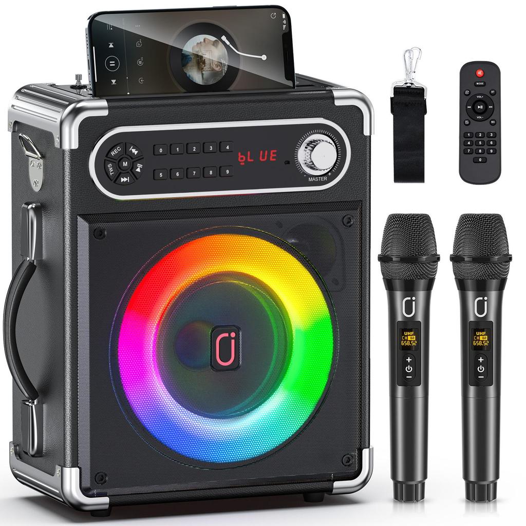 Karaoke-Maschine mit zwei drahtlosen Mikrofonen, tragbarer Bluetooth-Lautsprecher mit Bass-/Höhenregelung, PA-System mit Fernbedienung