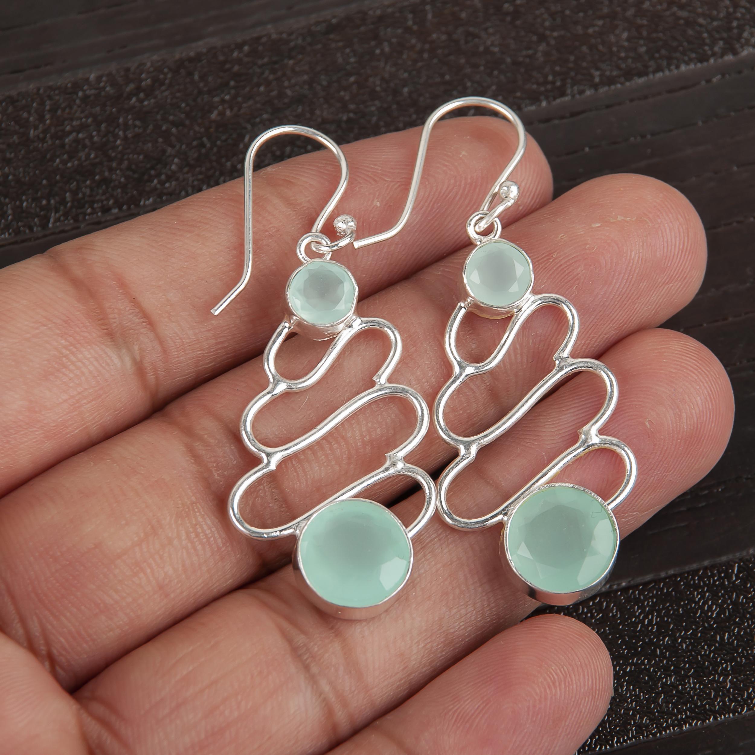 

Aqua Chalcedony Silver Gemstone Jewelry, 925 Sterling Silver Earrings, Handmade Bohemian Jewelry For Women 2.13 Inches синий