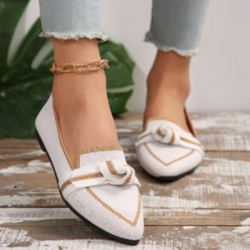 Women's Shoes Are Thin, Pointed, Flat-bottomed Single Shoes, Women's Flying Weaving, One Pedal, Bow, Casual and Breathable