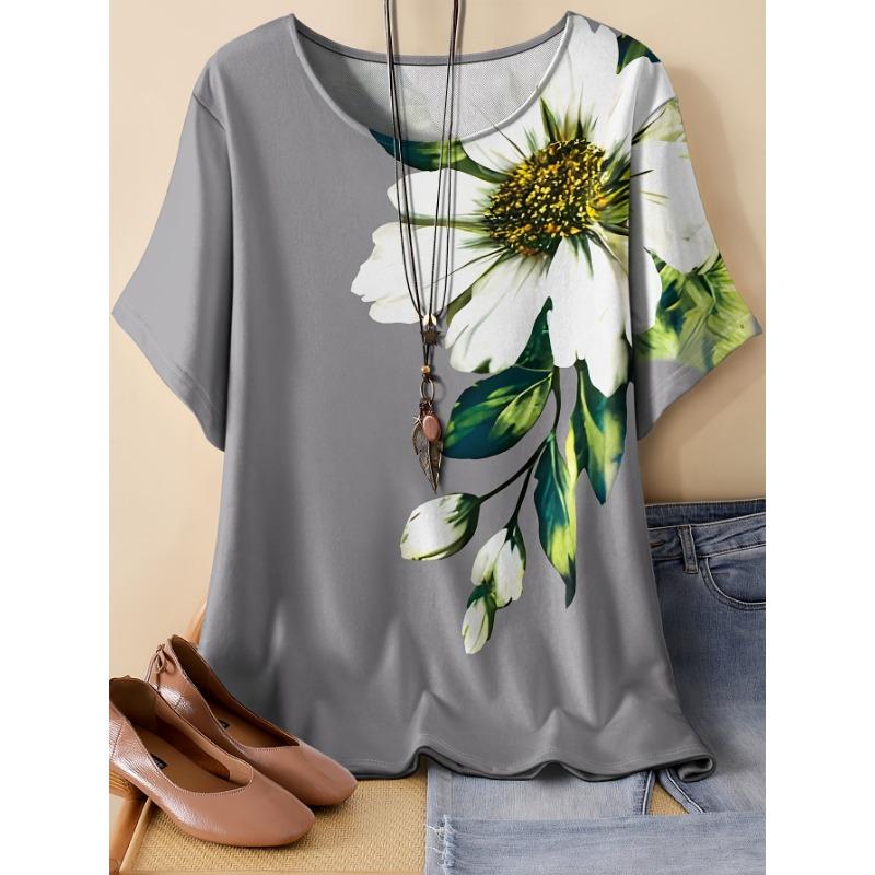 Large-size Floral Print Women's T-shirt, Short-sleeved Loose-fitting Comfortable Women's Top
