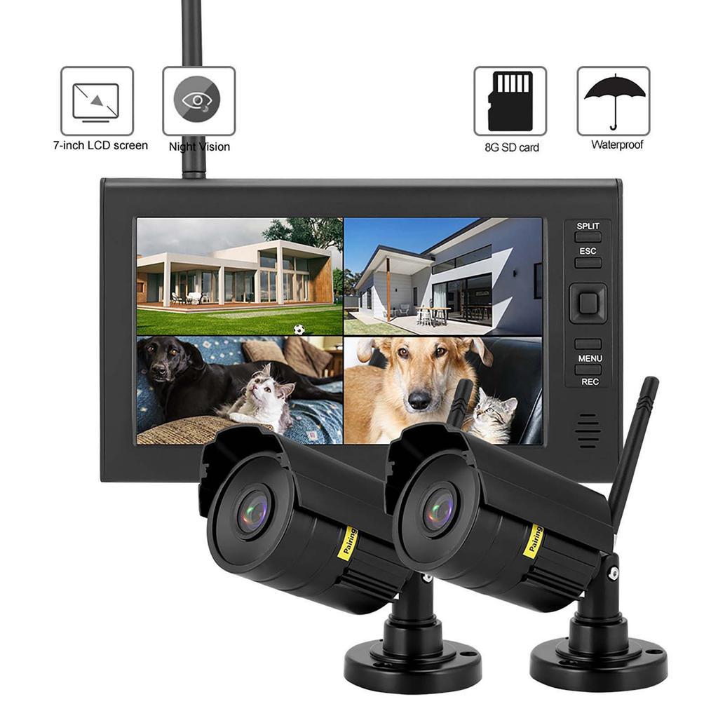 7 Inch LCD Wireless 4CH Security Monitor System Display+Camera 2pcs IR Cameras Memory Card