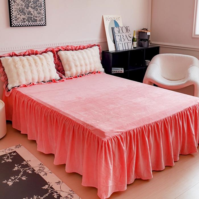 new solid color double-sided milk fleece bed skirt single piece no pillowcase winter flower household bed skirt