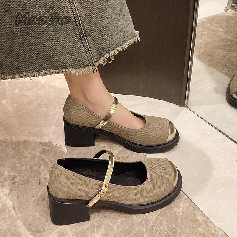 Mary Janes French High Heels Thick Soled Spring Autumn Footwear Round Toe Buckle Strap Ladies Mid Heel Pumps Zapatos De Mujer