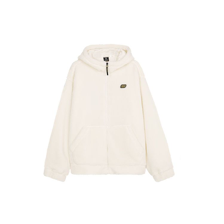 Skechers New Year Series Letter Pattern Embroidered Lamb Fleece Hooded Zip-Up Jacket Unisex Jacket Cream Off-White L124U025-00NA