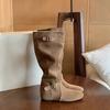 Women Mid-calf Boots High Quality Suede Casual Boot Temperament Belt Buckle Design Pants Leg Boot Non Slip Flat Boot Botas Mujer