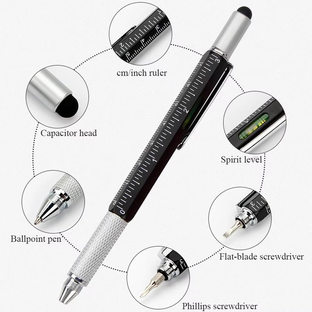 6 in 1 Multifunctional Pen Touch Screen Stylus Capacitive Pen with Screwdriver Ruler Levelgauge Refillable Ballpoint Pencil Tool