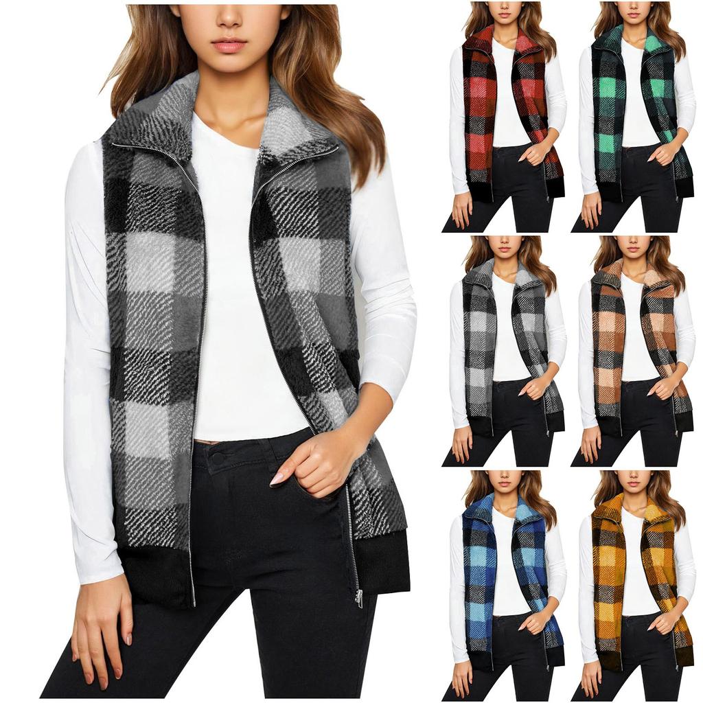 Women's Zipper Plaid Vest Sleeveless Lapel Front Cardigan Wool Sweater Autumn Fashion Plush Jacket Coat