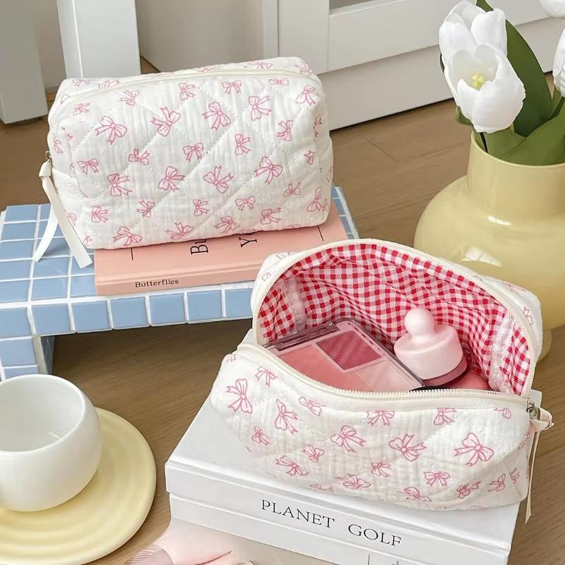 Floral Bow Cotton Makeup Bag, Large Travel Cosmetic Pouch, Flower Print Storage Organizer, Durable & Stylish Design