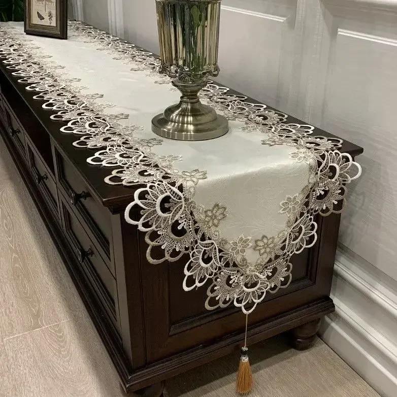 Tv Cabinet Lace Tablecloth  Embroidered Tassel Dining Table Flag Shoe Cabinet Long Striptransparent Yarn Dust Cover Cloth