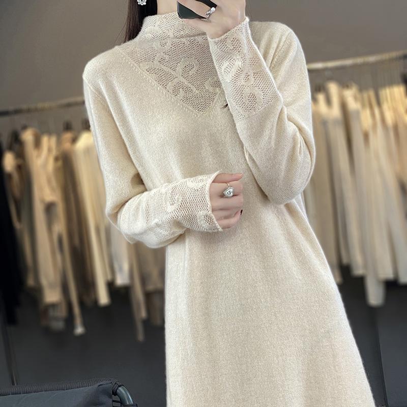 Women's Cashmere Dress Qinghe Cashmere 70% Wool 30% Cashmere Women's Autumn and Winter Cashmere Dress Soft and Warm