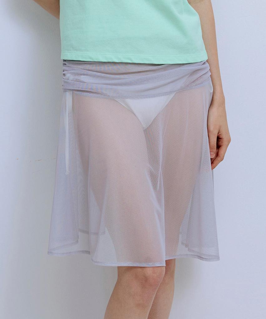 Pisis Solid Mesh Shirred Skirt_Gray