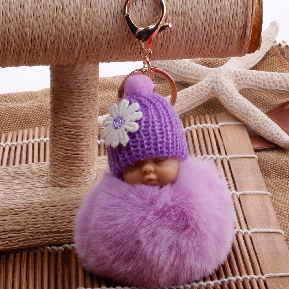 Small Flower Baby Doll Fake Fur Fluffy Ball Key Chain Bag Key Rings Car Key Pendant Cartoon Ornaments Gifts