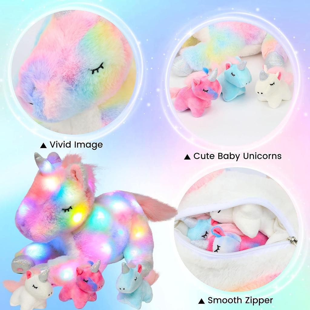 Hopearl LED Plush Unicorn Lighting Up Stuffed Mommy Unicorn with 3 Baby Unicorns In Her Tummy Stuffed Animal Playset Night Lights Glow In The Dark