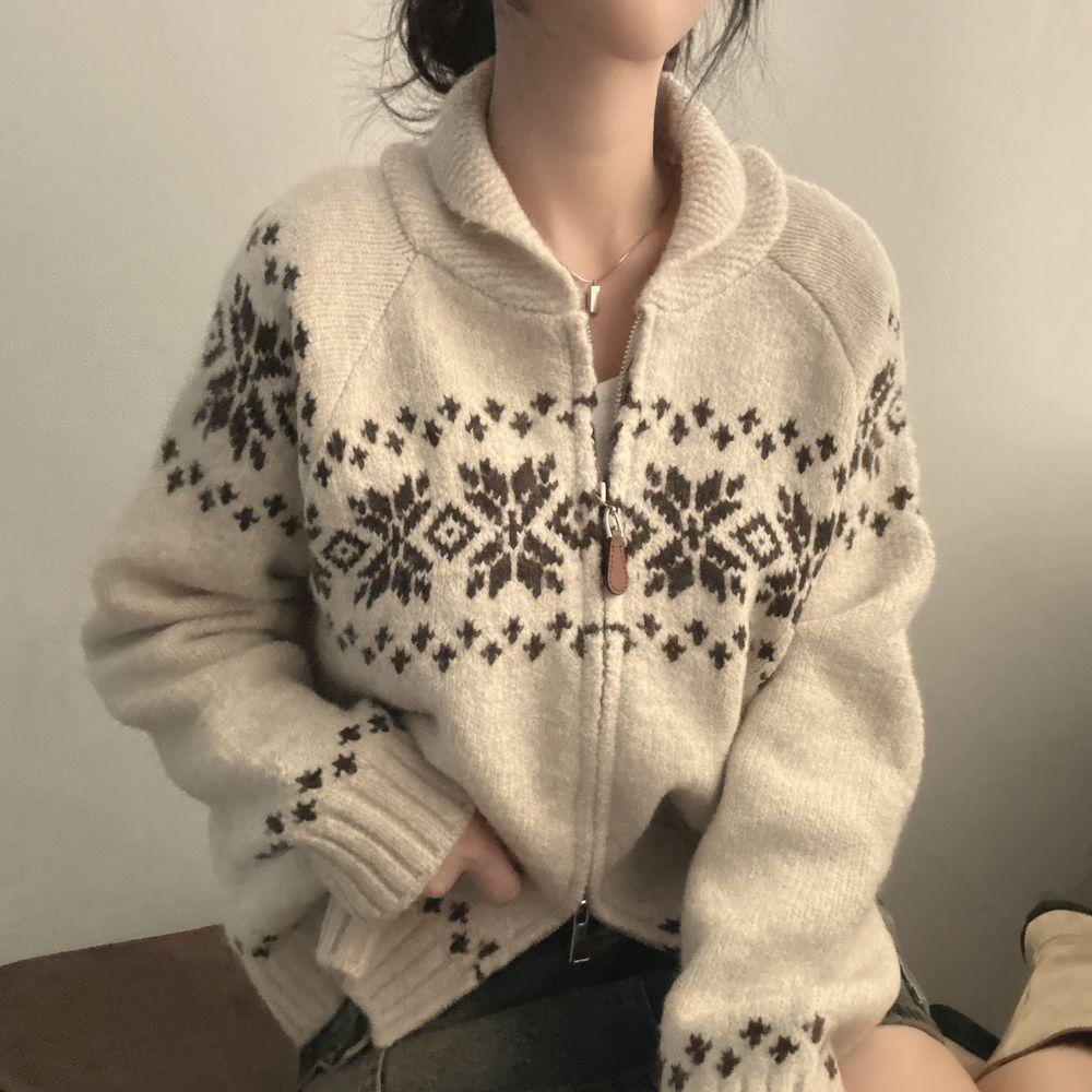 Autumn winter retro contrasting zipper jacquard casual loose long-sleeve knitted sweater jacket women y2k Cardigan sweaters coat