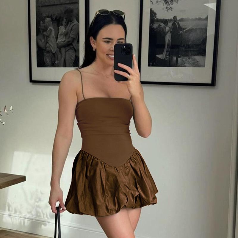 

YYFS женские модные летние весенние однотонные повседневные платья без рукавов с подтяжками и высокой талией L коричневый