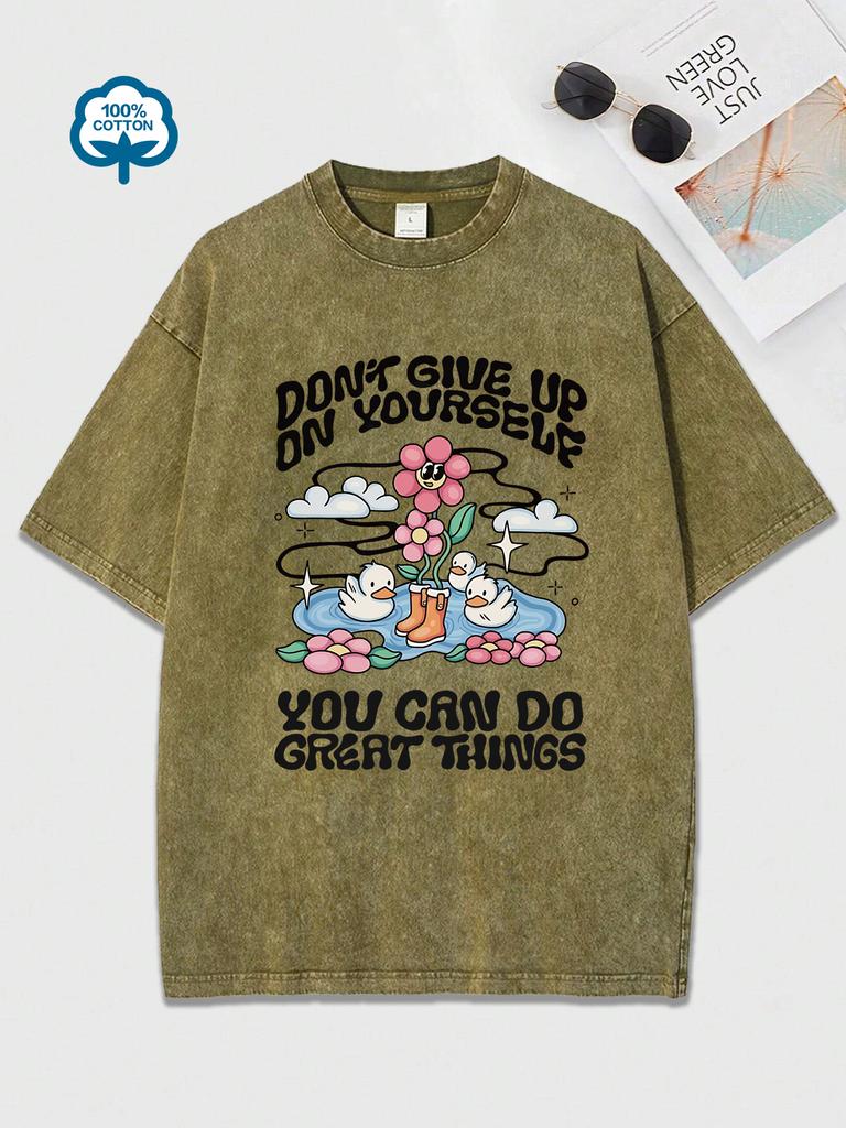 No Te Rindas Contigo Mismo Patos Felices Nadando Estampado Camisetas Lavadas Mujer Algodón Hip Hop Camisetas Tops de Verano Ropa Holgada