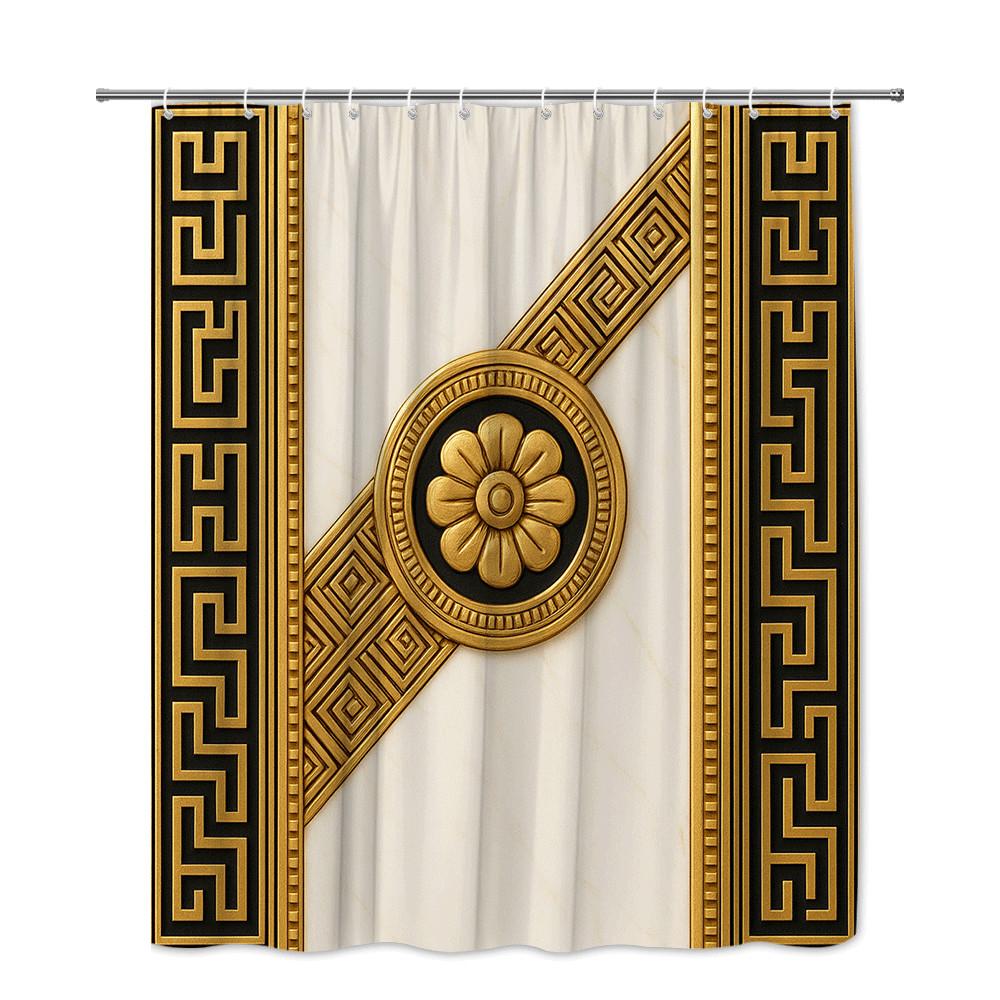 Tenda da Doccia con Motivo a Greca Oro e Nero Design Antico Stile Architettura Classica Decorazione Impermeabile Installazione Semplice