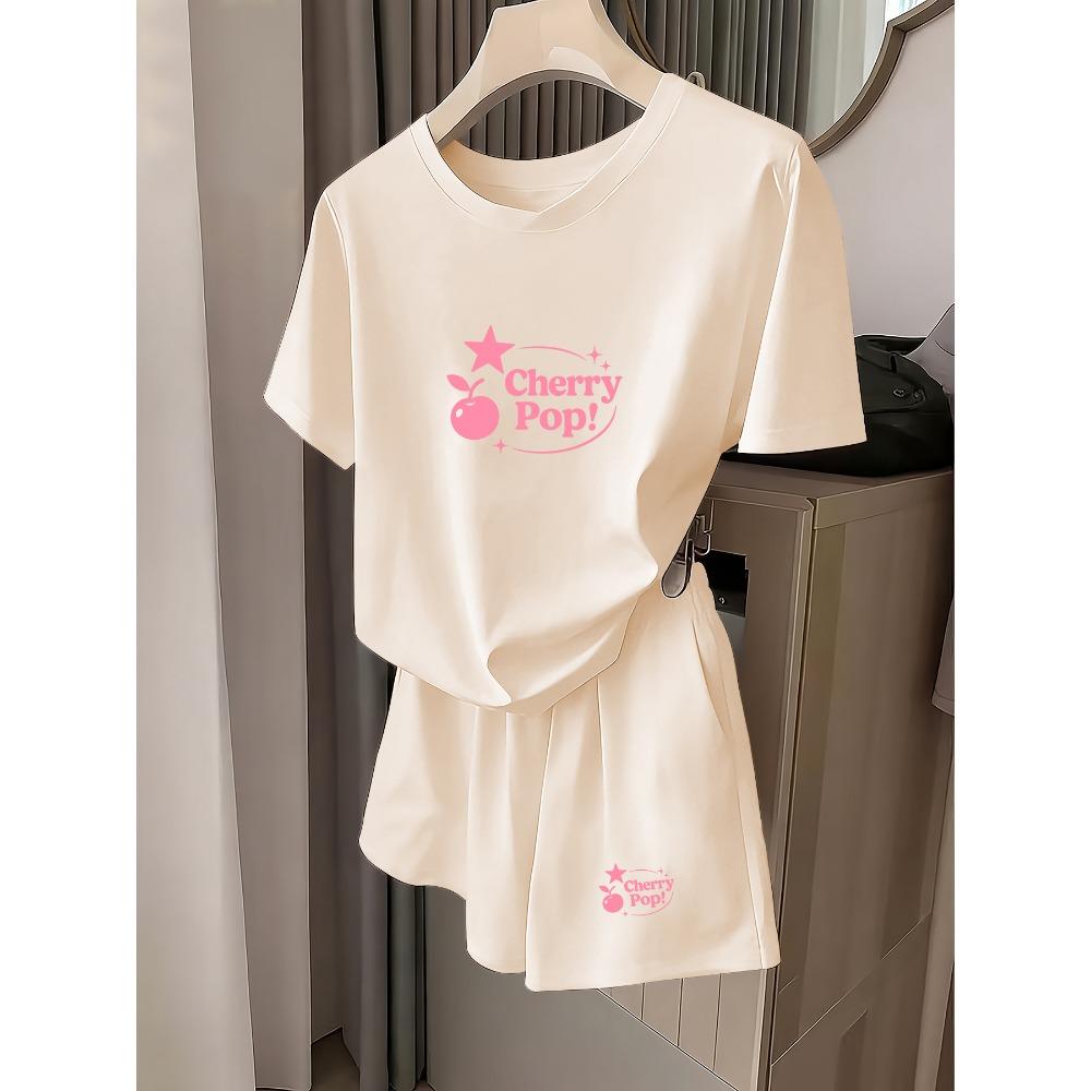 Summer Casual Sports Suit Cherry Pop! Cherry Star Print Short-Sleeved Shirt + Shorts, Energetic Girly Style Casual Two-Piece Set S