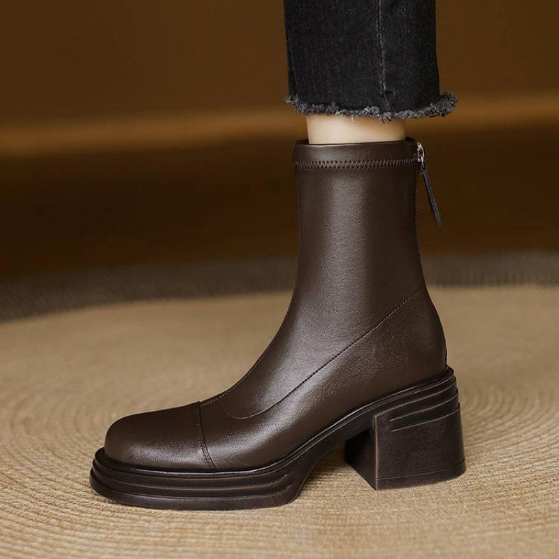 

Универсальные однотонные женские ботинки на высоком каблуке большого размера, квадратный каблук, резиновая платформа, круглый носок, рыцарские ботинки, задняя молния, новые полусапоги для женщин 40