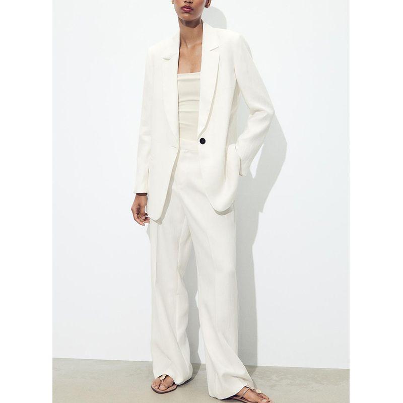Wrinkle Effect Lapel Long Sleeve Blazers 8372468 Straight High Waist Casual Trousers 8372568