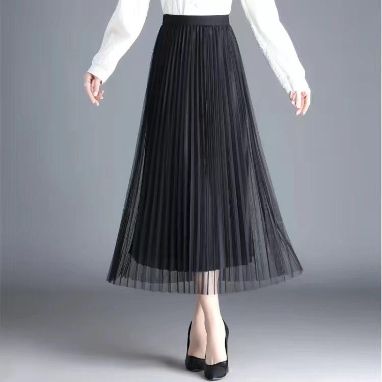Qooth Summer Autumn Tulle Calf Length Pleated Skirts Simple Casual Slimming A Line Skirt for Women QT2586