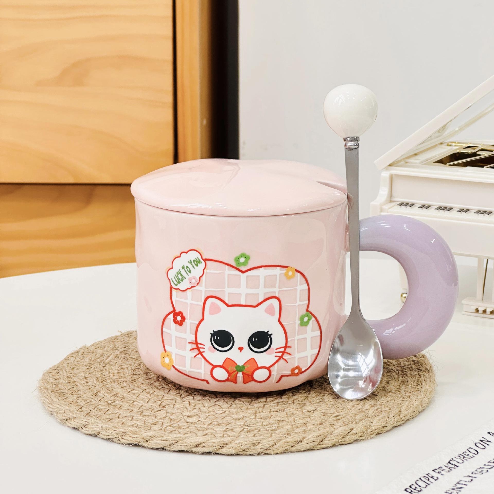

Adorable Rabbit with Lid Straw Cup Cartoon High-grade Big Cap Souvenir Mug Girl Couple Ceramic Cup Mug Set Durable Durable 380ML