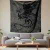 Fantasy Wall Tapestry Dark Black Spiked Dragon Monochrome Shadowy Wings Grey Background Mythical Beast Art Decor for Game Room Man Cave Gift