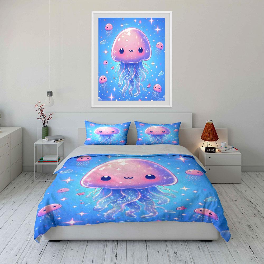 Cute Pink Jellyfish with Sparkles Bedding Set for Kids Luxury Gift 3pcs Digital Print Comforter Set Soft Comfortable Breathable