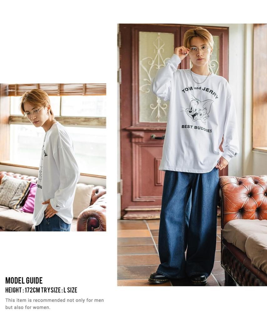 [IMPROVES] Casual [TOM & JERRY] Custom-made Buddies Vintage-Like Long Sleeve T-Shirt, Men's, White