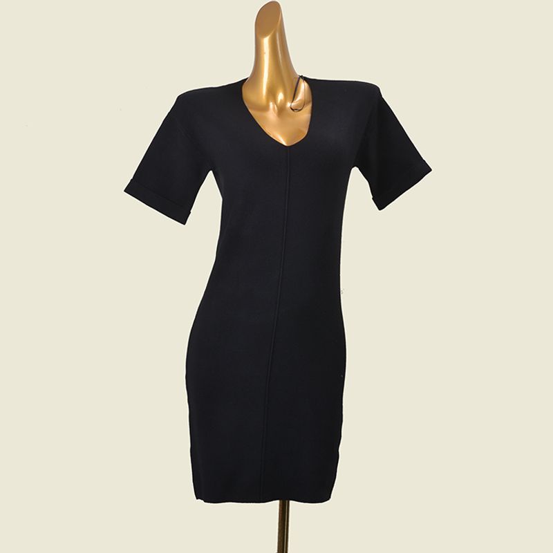 

Fashion Counter Card V Neck Short-Sleeved Underwear Knitting Dress Foreign Trade Original Order Black Knitted Dress Black L