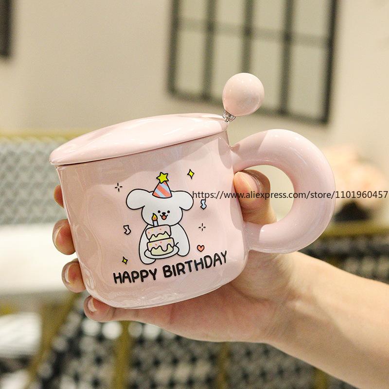 Niedlicher Welpenkuchen Tasse mit Deckel Löffel Keramiktasse Geschenk für Mädchen, Ein unvergessliches Geburtstagsgeschenk