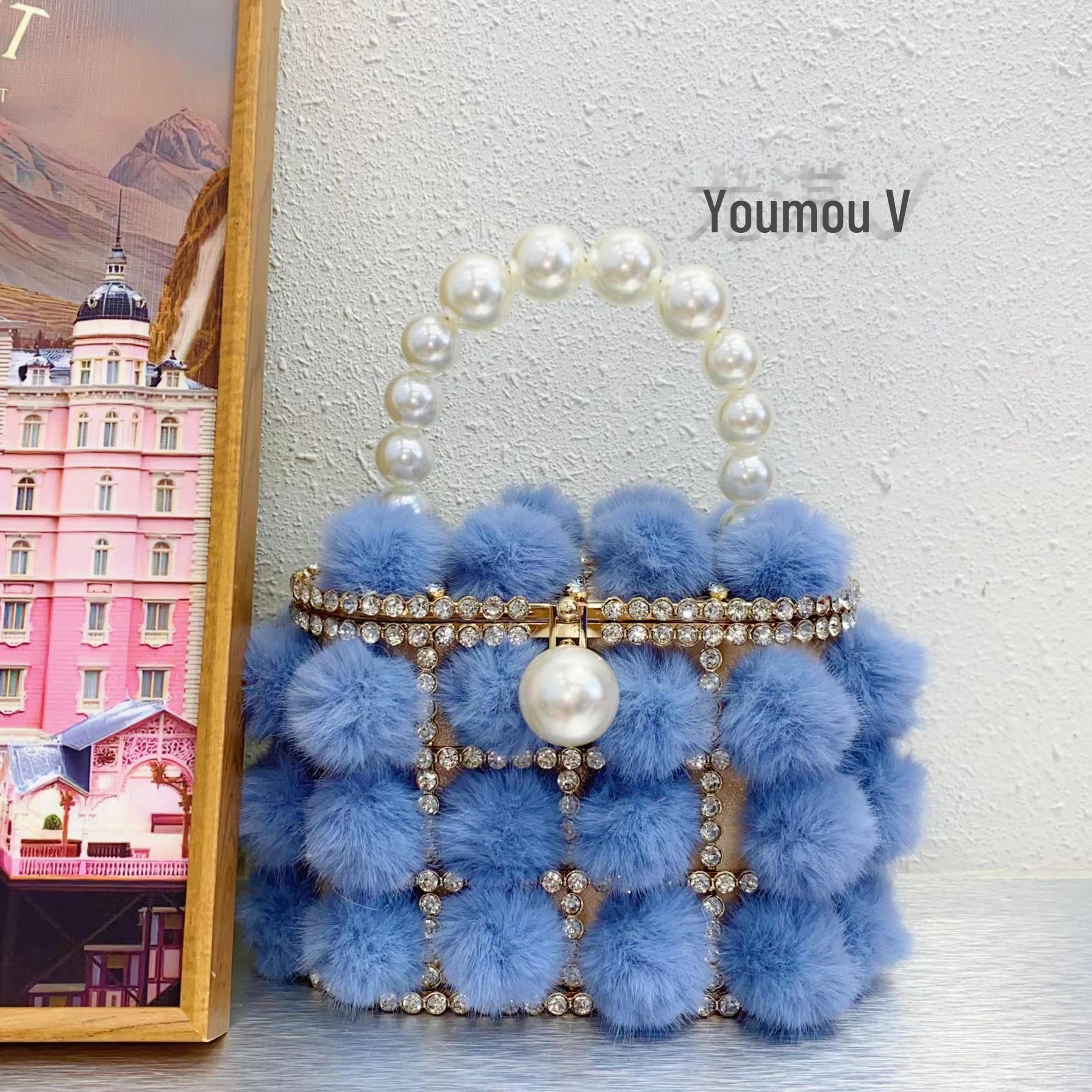 

Перлова норкова хутряна сумка-кошик зі стразами та плюшевим дизайном пташиної клітки