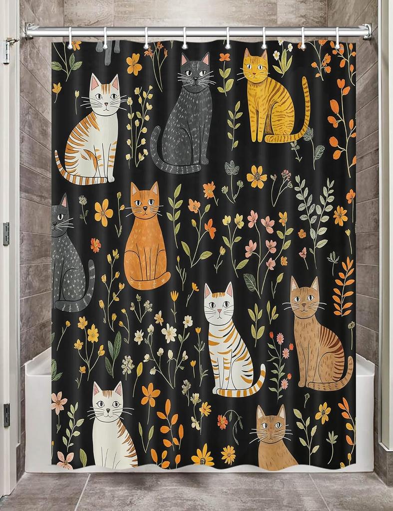 Cute Cat Shower Curtain, Funny Animal Cartoon Cat Floral Wildflower Black Fabric Shower Curtains Set for Bathroom Decorative
