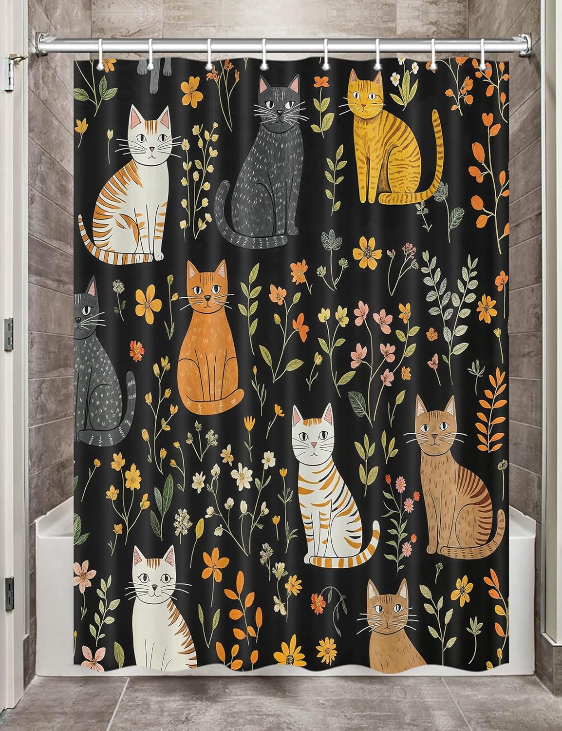 

Cute Cat Shower Curtain, Funny Animal Cartoon Cat Floral Wildflower Black Fabric Shower Curtains Set For Bathroom Decorative W60H190(CM)-1 Pcs