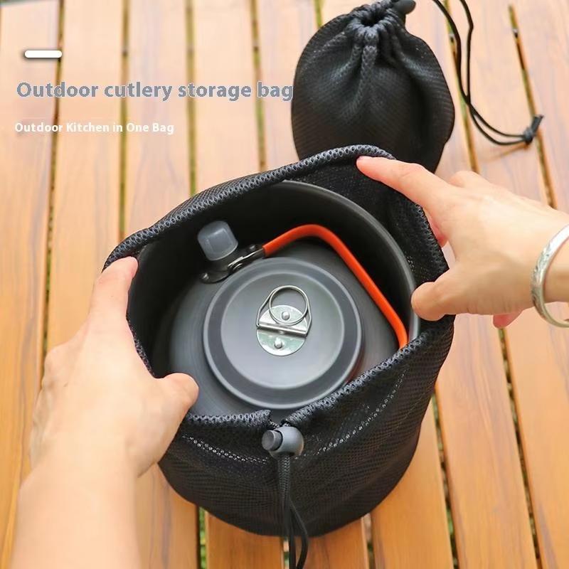 Outdoor Camping Storage Protective Bags Portable Picnic Cookware Mesh Bag Drawstring Pocket BBQ Water Cups Tableware Organizer