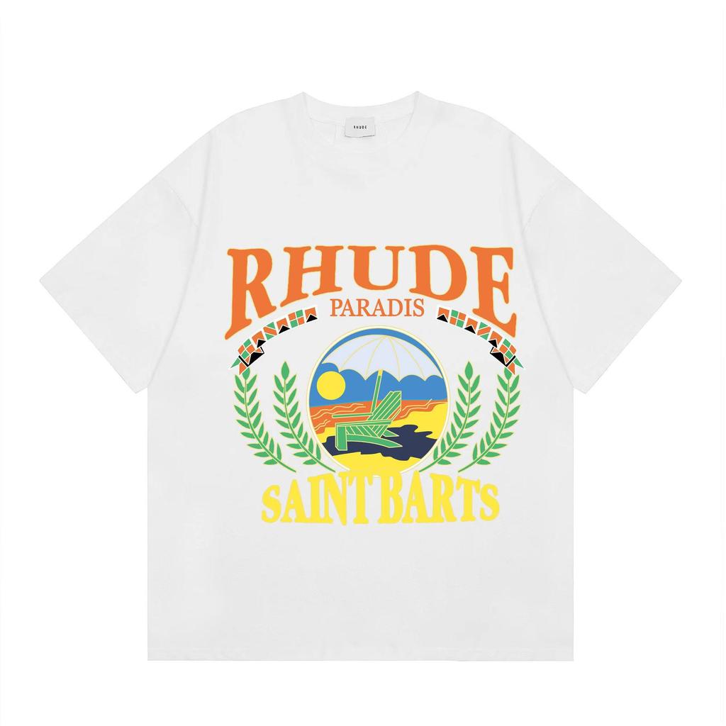 2023 Marchio trendy europeo e americano transfrontaliero RHUDE logo con lettera micro-etichetta motivo t-shirt a maniche corte uomo e donna high street larga h