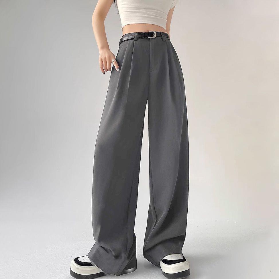 Spring 2026 Women s High-Waisted Wide-Leg Trousers Gray Long with Black Belt 105cm