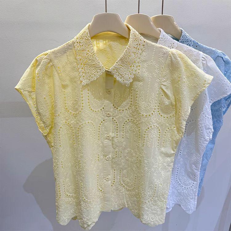 Elegant European Summer Design Sense Small Hollow Out Embroidery Collar Top Versatile Match Korean Style Loose Fit