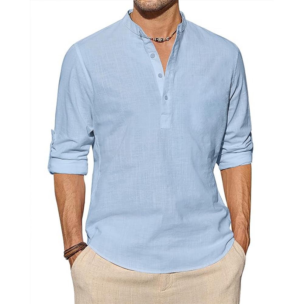 Cotton Linen Shirts for Men Casual Shirts Lightweight Long Sleeve Henley T Shirt Solid Color Long Sleeve Tops Roll Up
